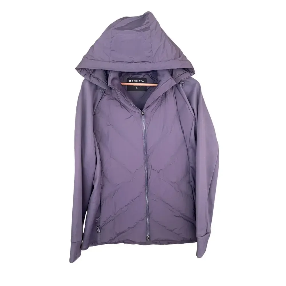 Athleta Inlet Down Puffer Jacket XL Nightfall Purple Zip Insulated Hood Puffy